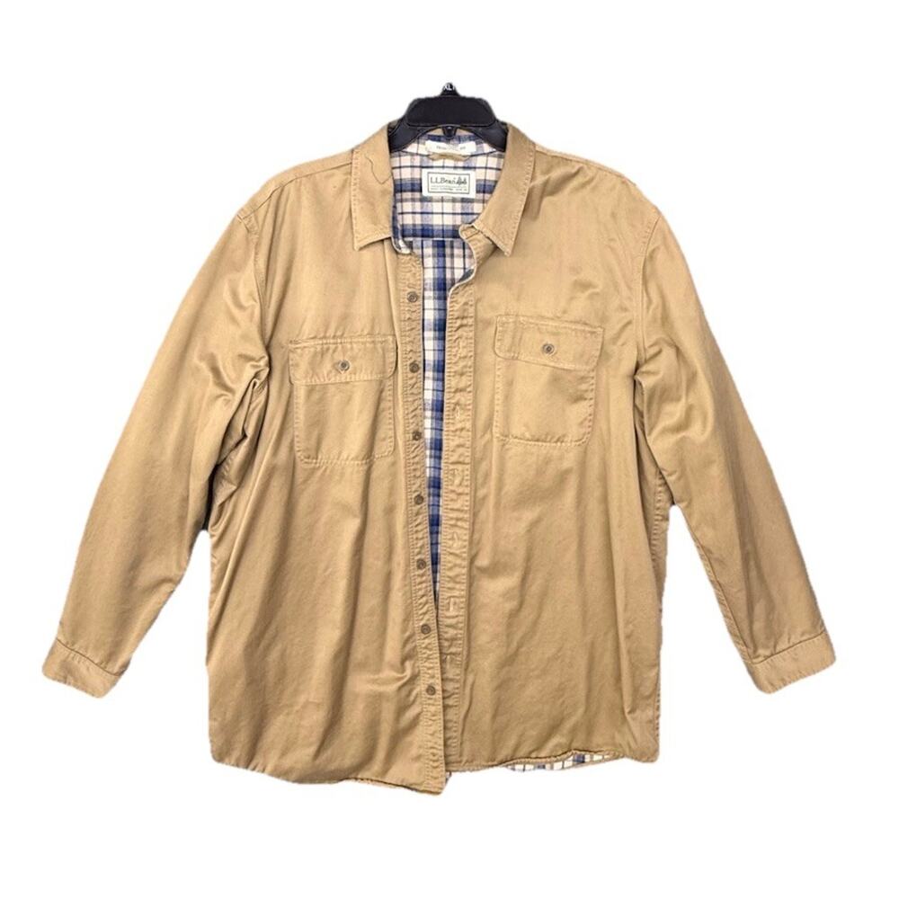 VTG LL Bean Flannel Lined Shirt Mens Large Tall Tan Canvas Hurricane Button Up